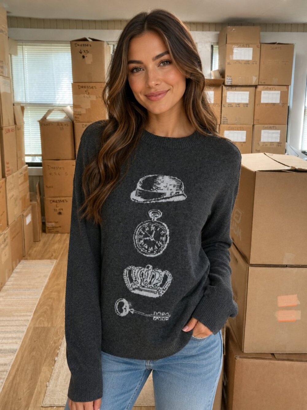 Thakoon for Designation Gray Graphic Crewneck Sweater Size Small